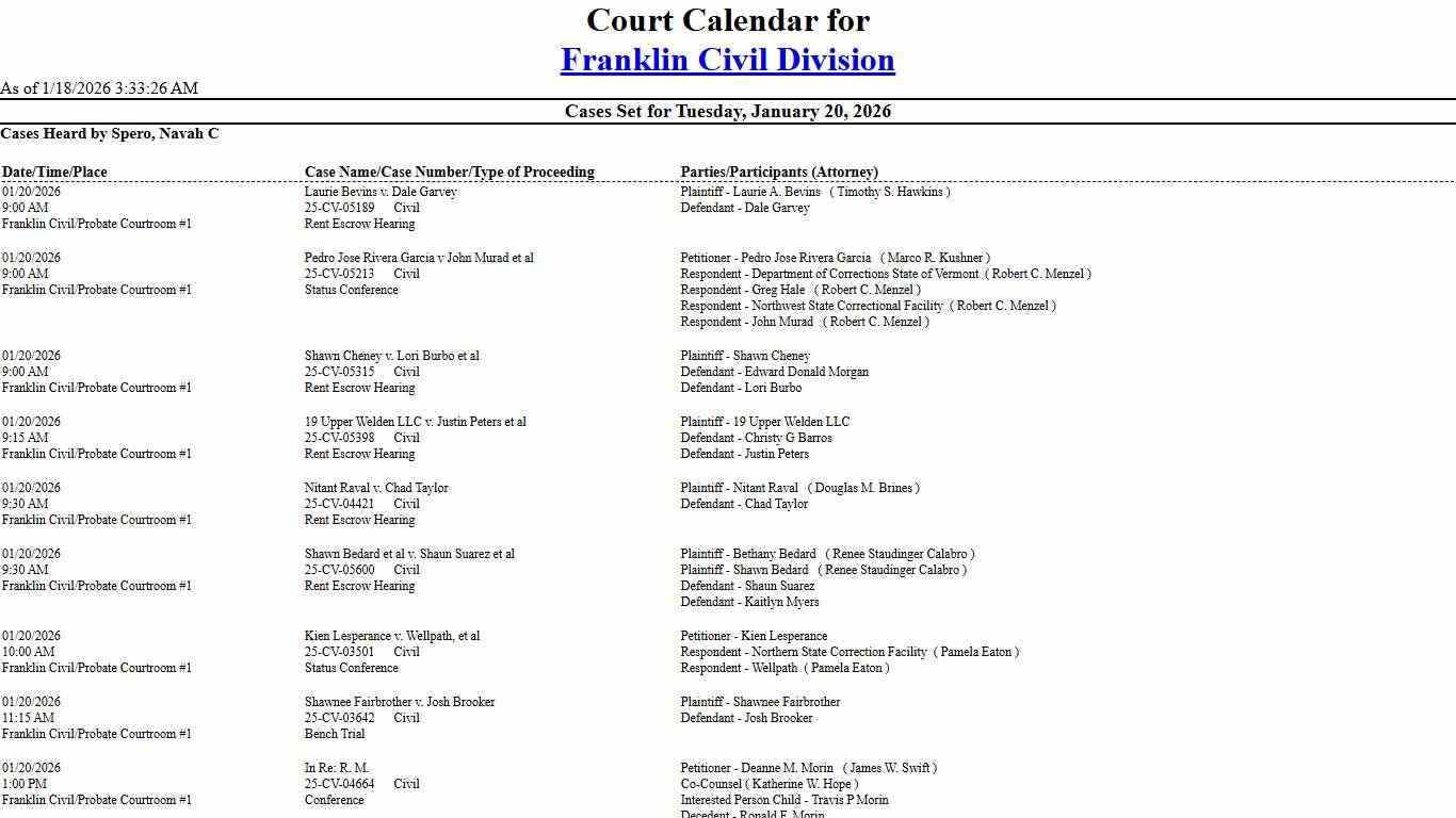 Franklin Civil Division Calendar